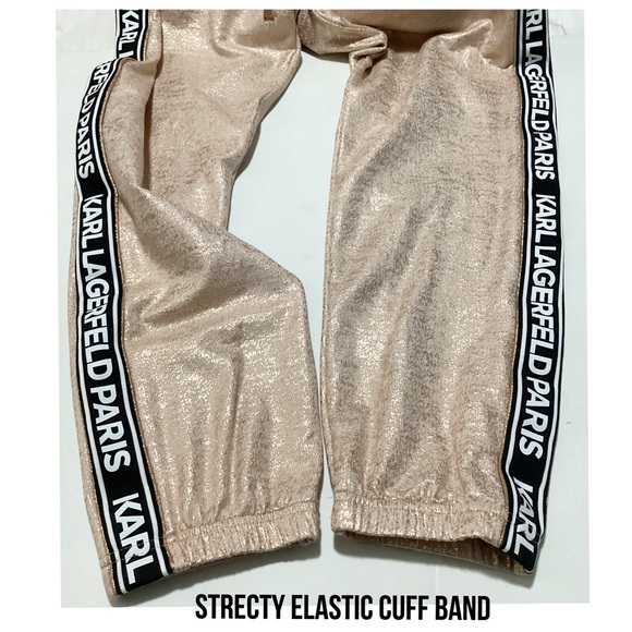 NWOT, KARL LAGERFELD PARIS, Matching Champagne Metallic Jogger Suit Set. - Picture 5 of 10